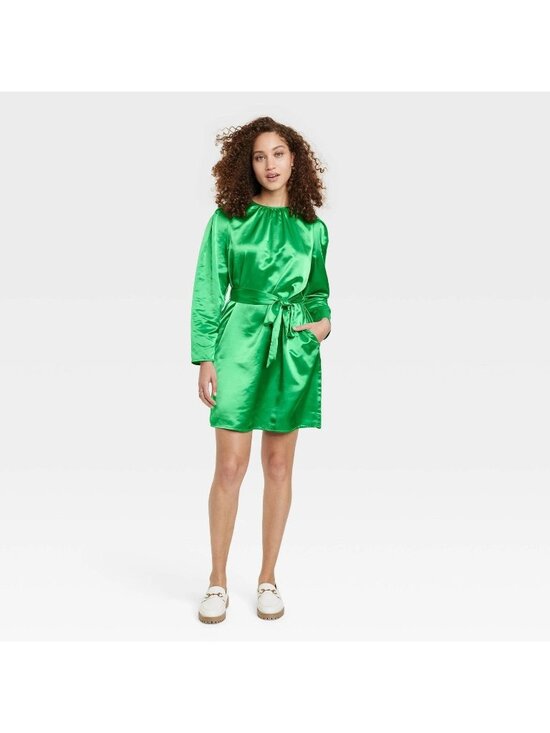 a new day Dresses & Skirts - A New Day Balloon Sleeve Green A-Line Satin Mini Dress w/ Belt -- Size XS 0/2